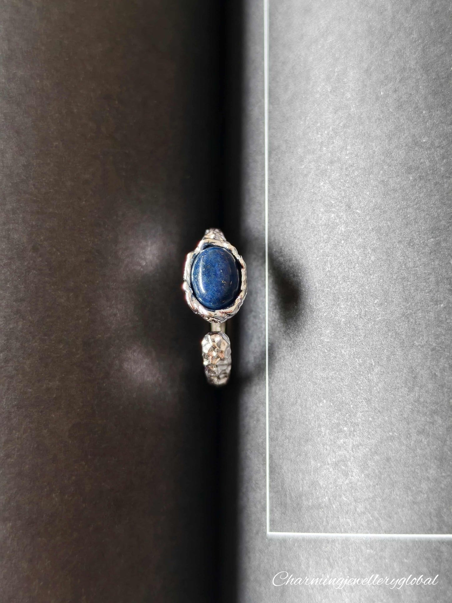 S925 Sterling Silver Hammered Lapis Lazuli Open Ring – Adjustable Handmade Statement Jewelry