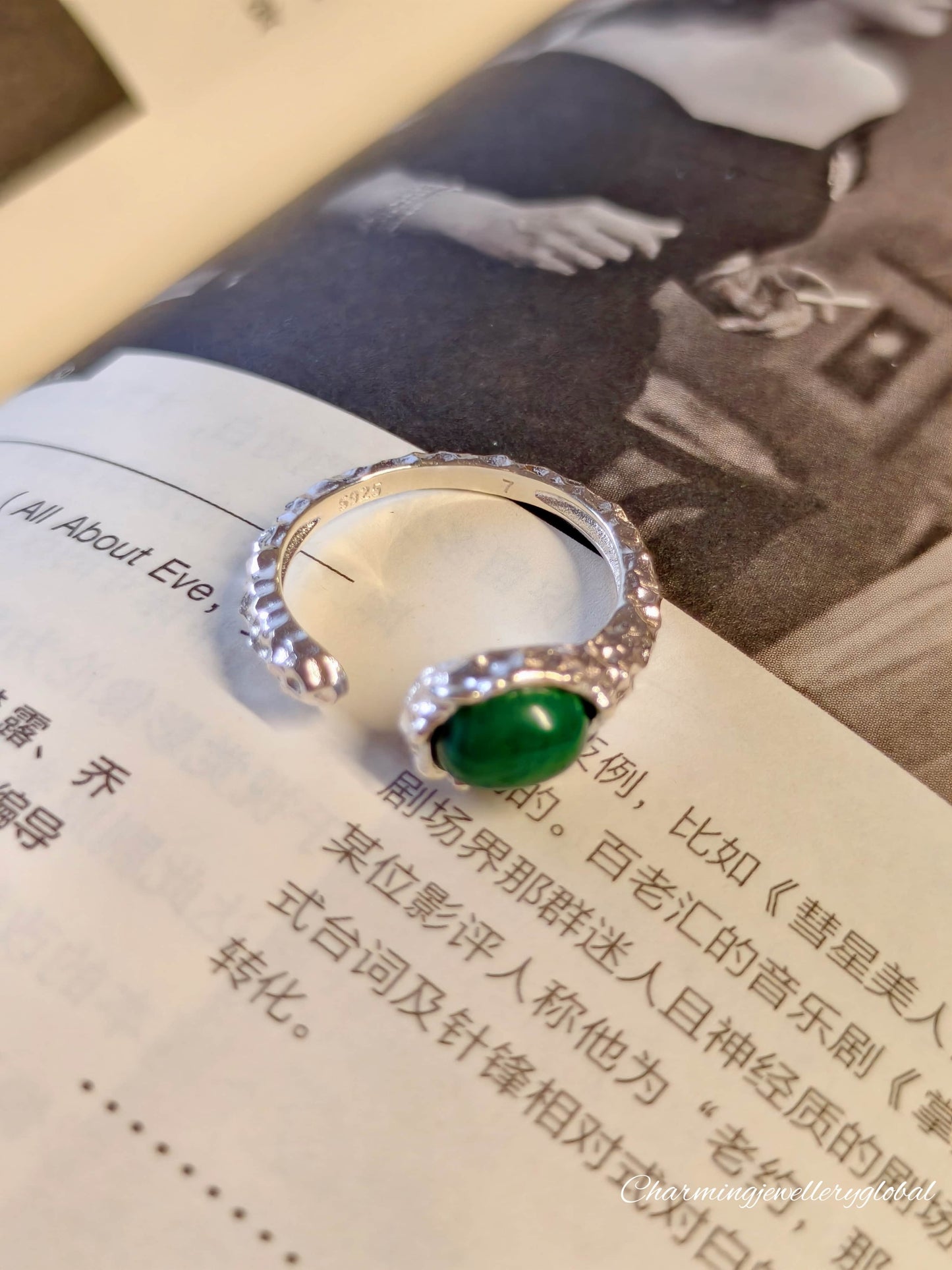 S925 Sterling Silver Malachite Open Ring – Vintage Green Gemstone Statement Jewelry