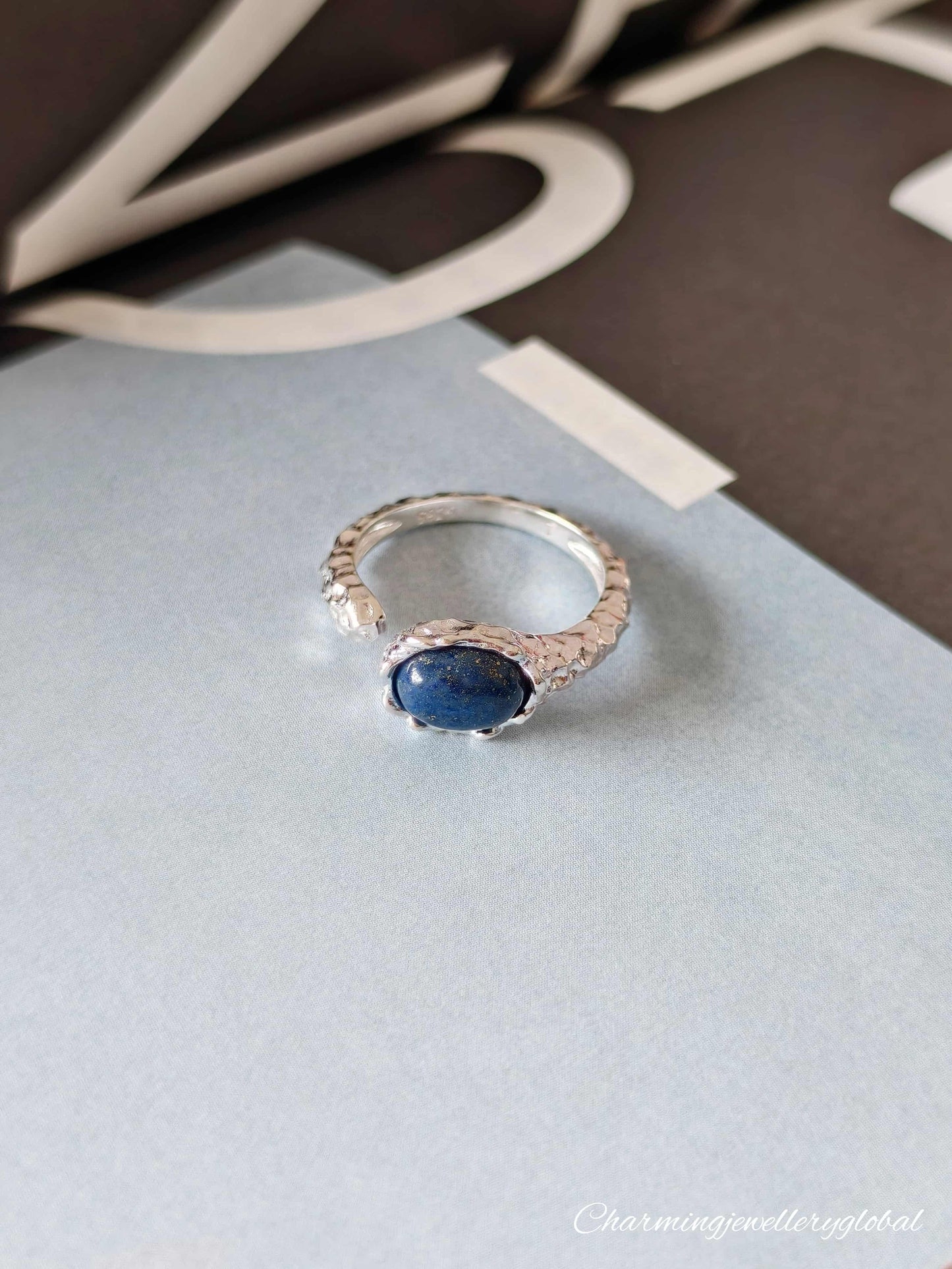 S925 Sterling Silver Hammered Lapis Lazuli Open Ring – Adjustable Handmade Statement Jewelry