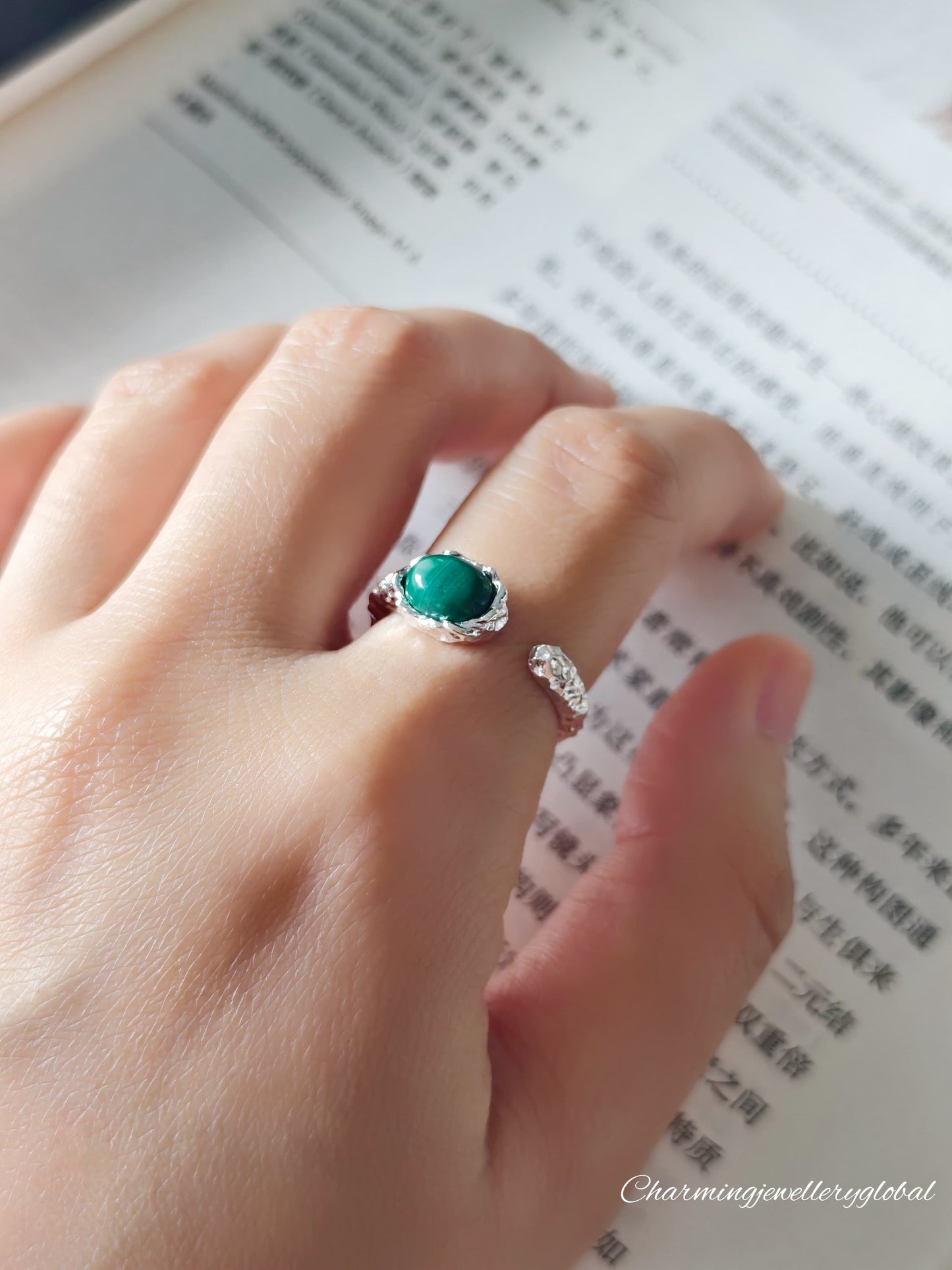 S925 Sterling Silver Malachite Open Ring – Vintage Green Gemstone Statement Jewelry