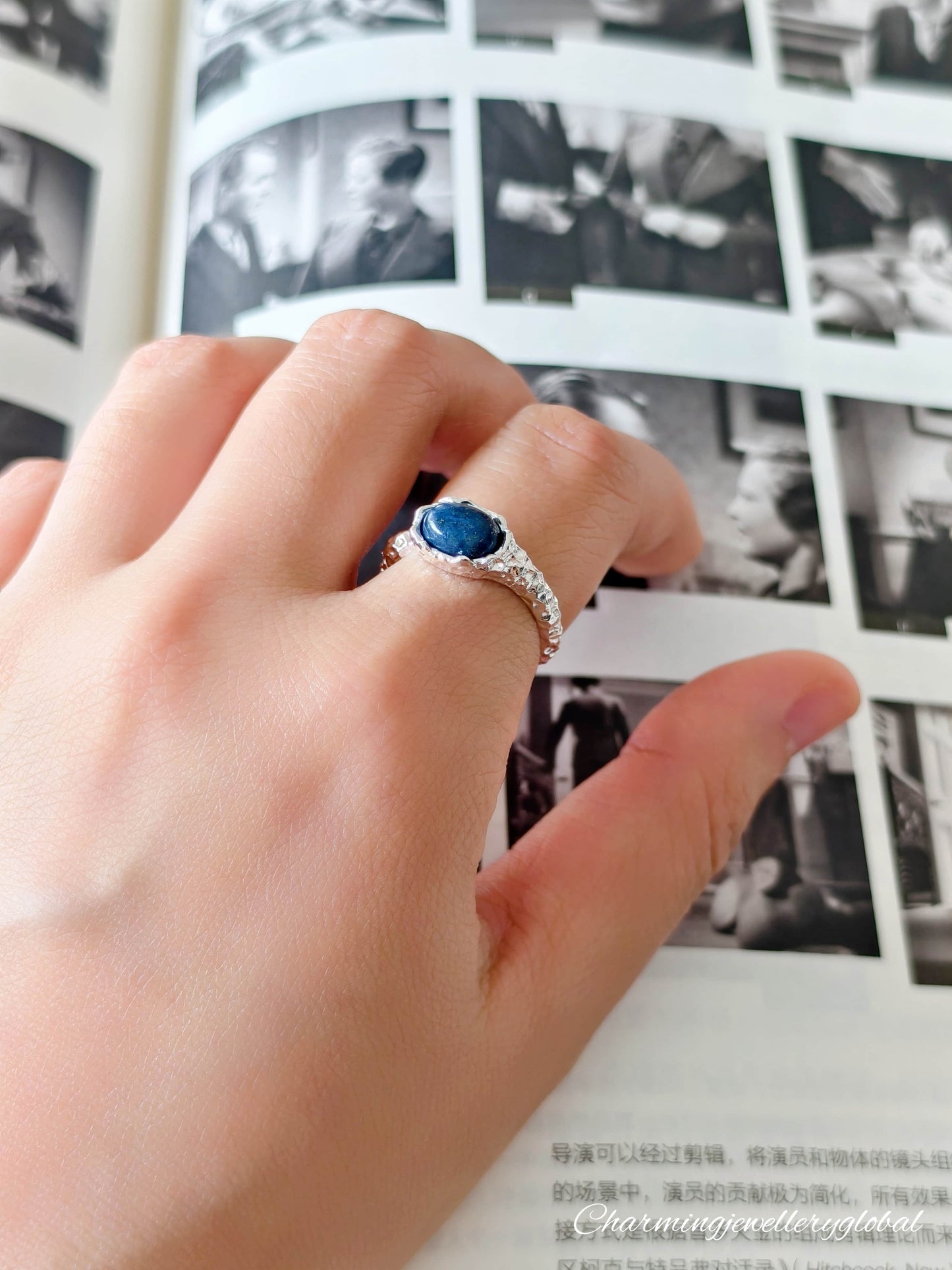 S925 Sterling Silver Hammered Lapis Lazuli Open Ring – Adjustable Handmade Statement Jewelry