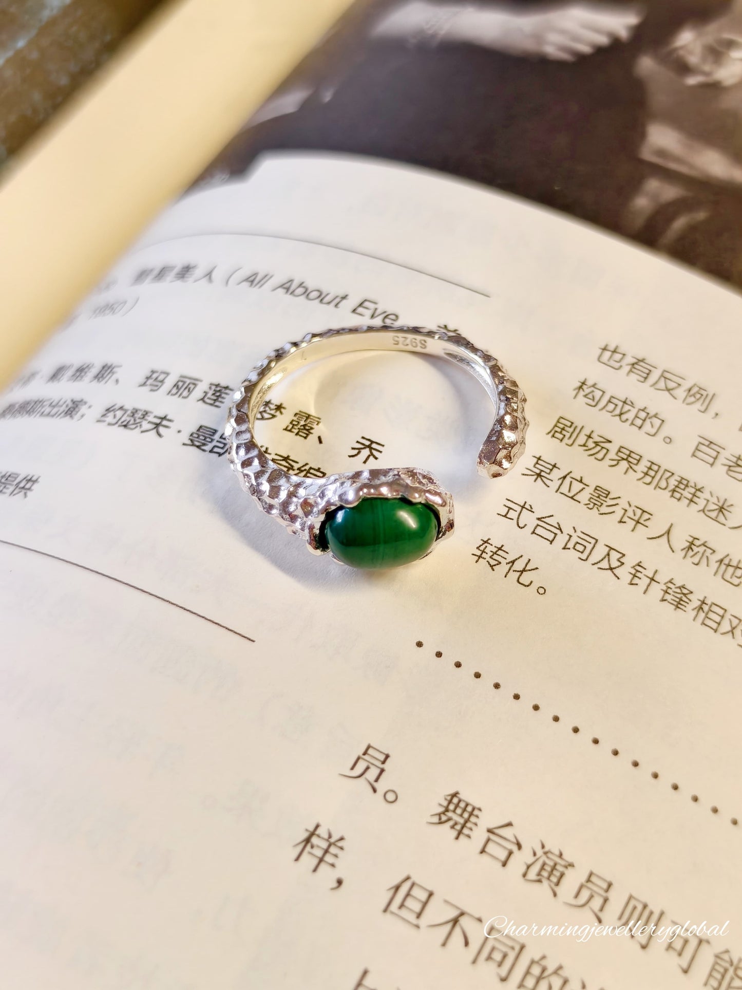 S925 Sterling Silver Malachite Open Ring – Vintage Green Gemstone Statement Jewelry