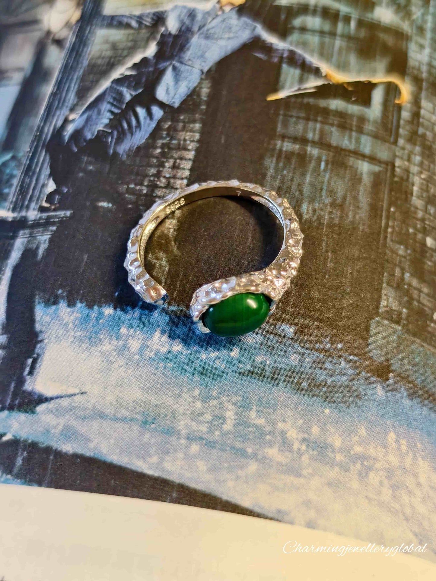 S925 Sterling Silver Malachite Open Ring – Vintage Green Gemstone Statement Jewelry