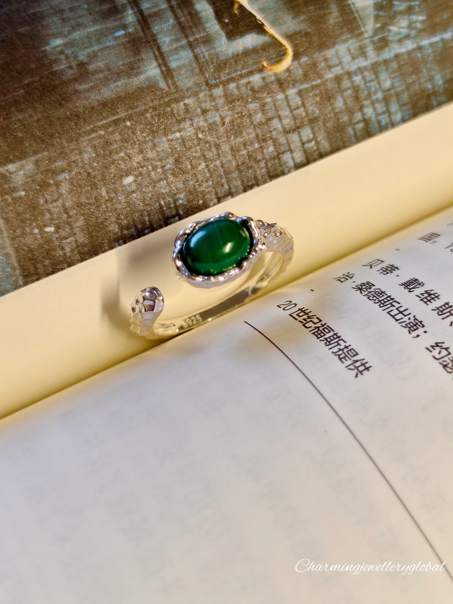 S925 Sterling Silver Malachite Open Ring – Vintage Green Gemstone Statement Jewelry
