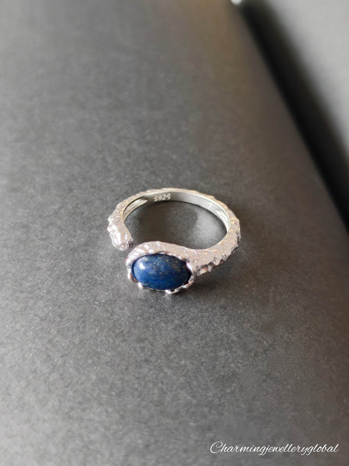 S925 Sterling Silver Hammered Lapis Lazuli Open Ring – Adjustable Handmade Statement Jewelry