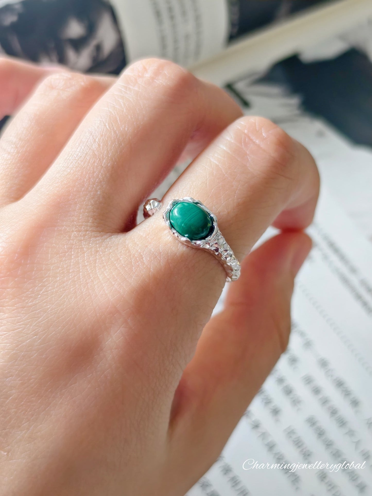 S925 Sterling Silver Malachite Open Ring – Vintage Green Gemstone Statement Jewelry