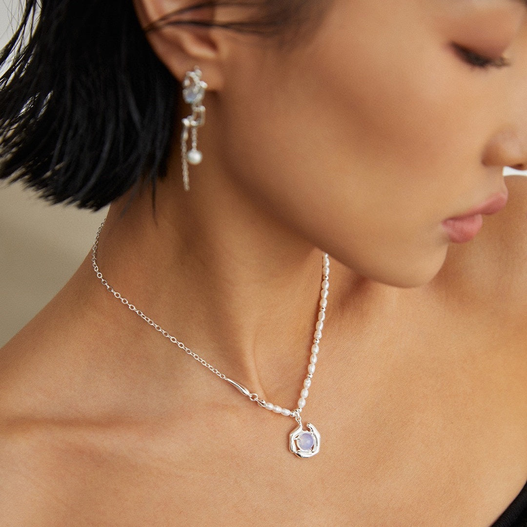 Iridescent Opal & Pearl Necklace – S925 Sterling Silver with Natural Pearl and Irregular Fluid Design