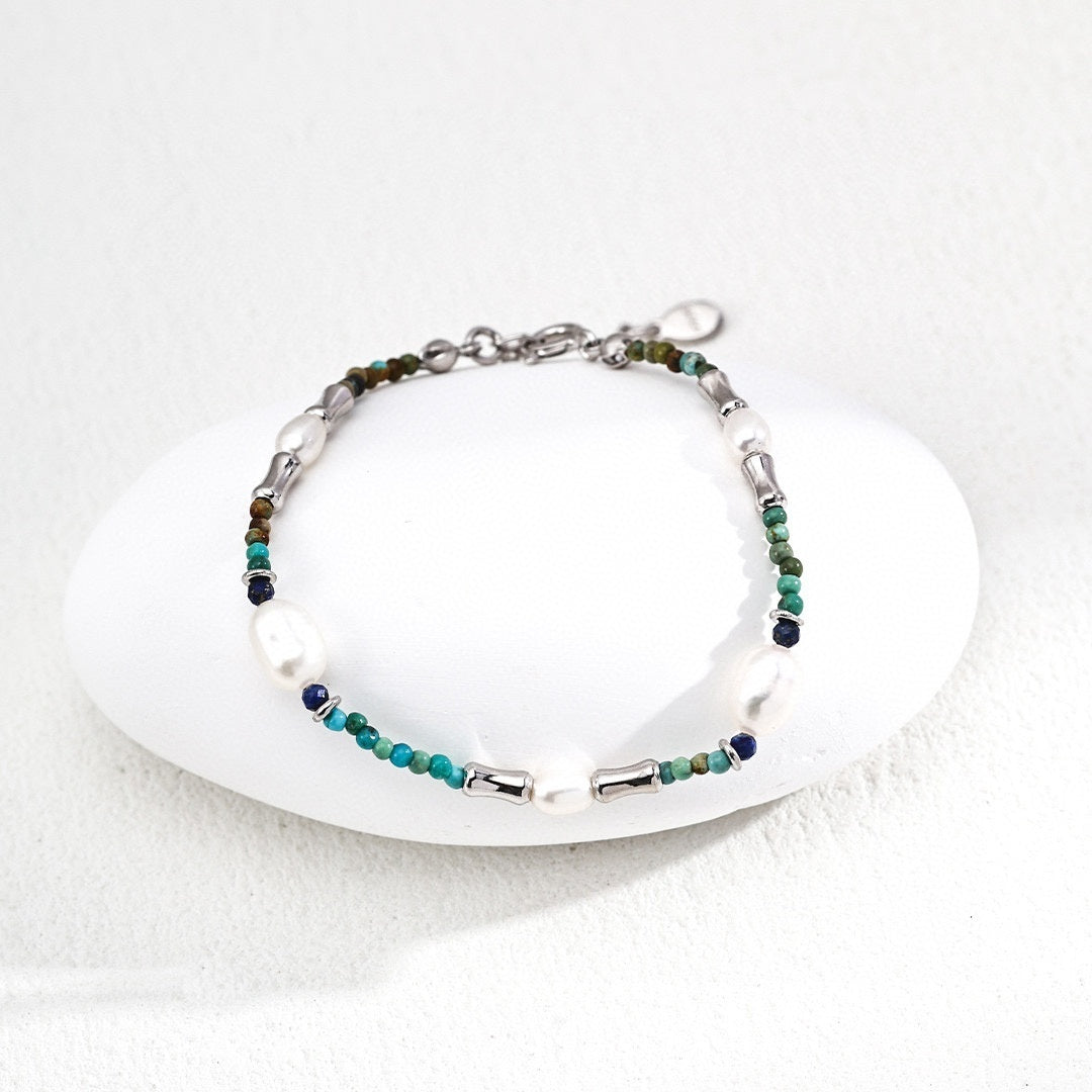S925 Sterling Silver Pearl & Gemstone Jewelry Bracelet – with Lapis Lazuli, Turquoise & Pearls