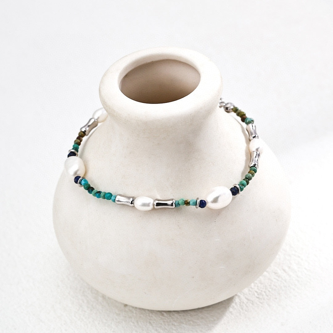 S925 Sterling Silver Pearl & Gemstone Jewelry Bracelet – with Lapis Lazuli, Turquoise & Pearls