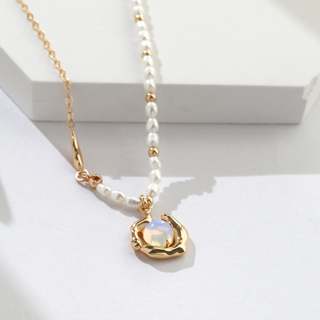 Iridescent Opal & Pearl Necklace – S925 Sterling Silver with Natural Pearl and Irregular Fluid Design