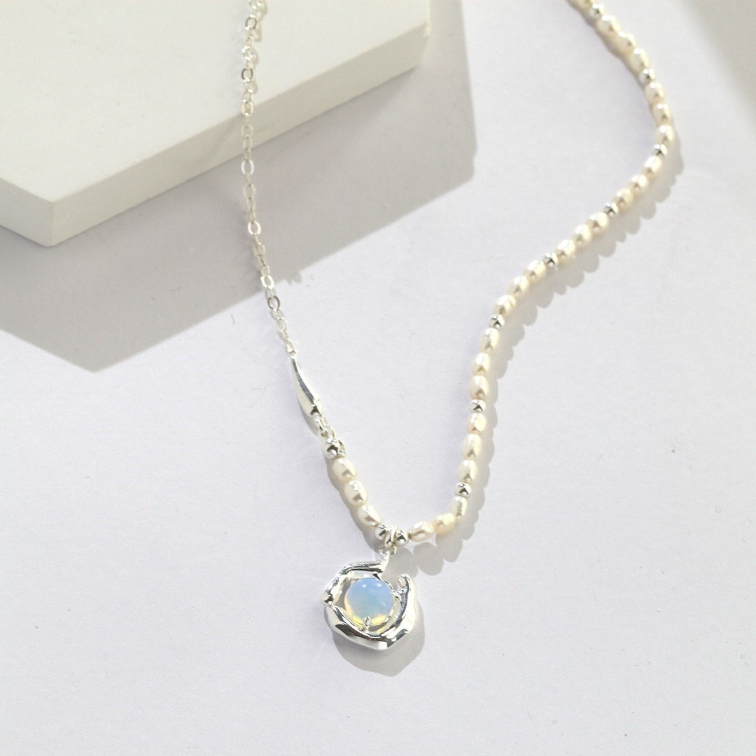 Iridescent Opal & Pearl Necklace – S925 Sterling Silver with Natural Pearl and Irregular Fluid Design