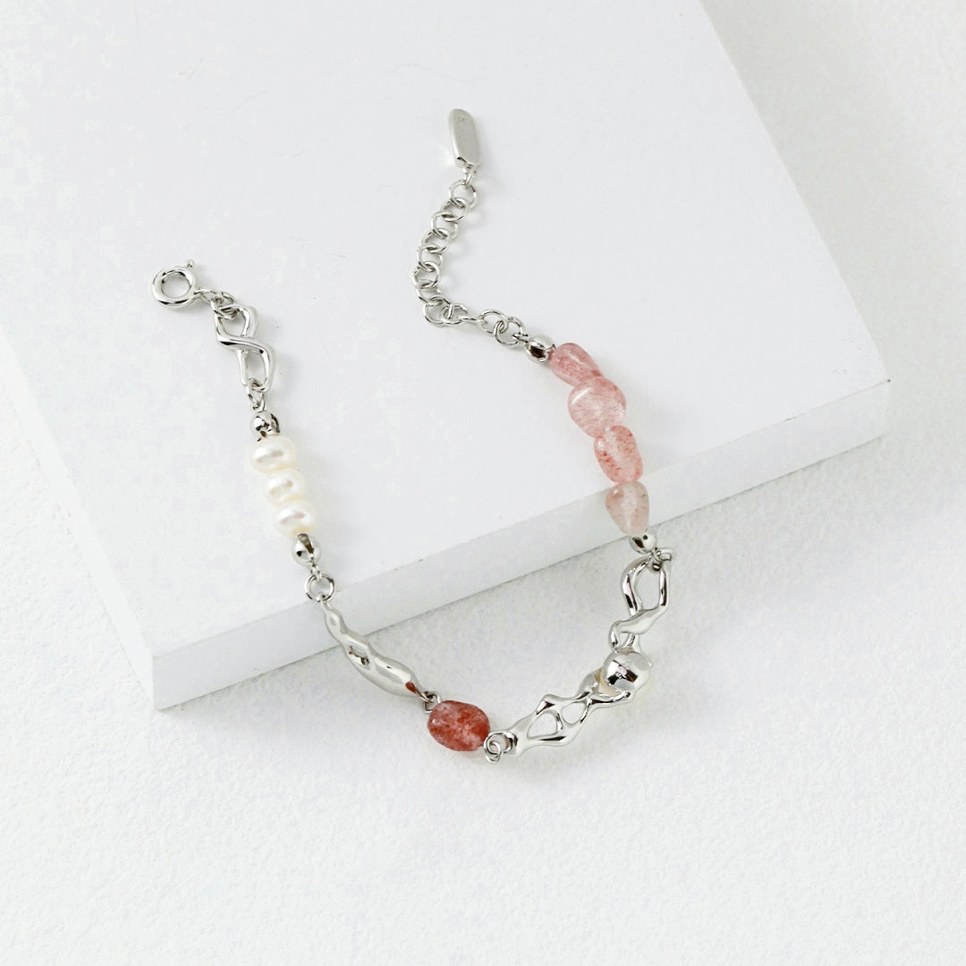 S925 Sterling Silver Strawberry Quartz & Pearl Bracelet