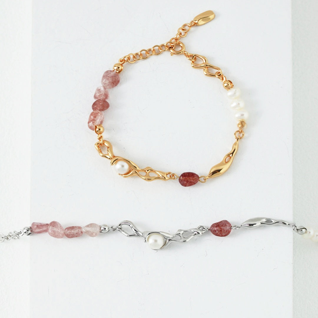 S925 Sterling Silver Strawberry Quartz & Pearl Bracelet
