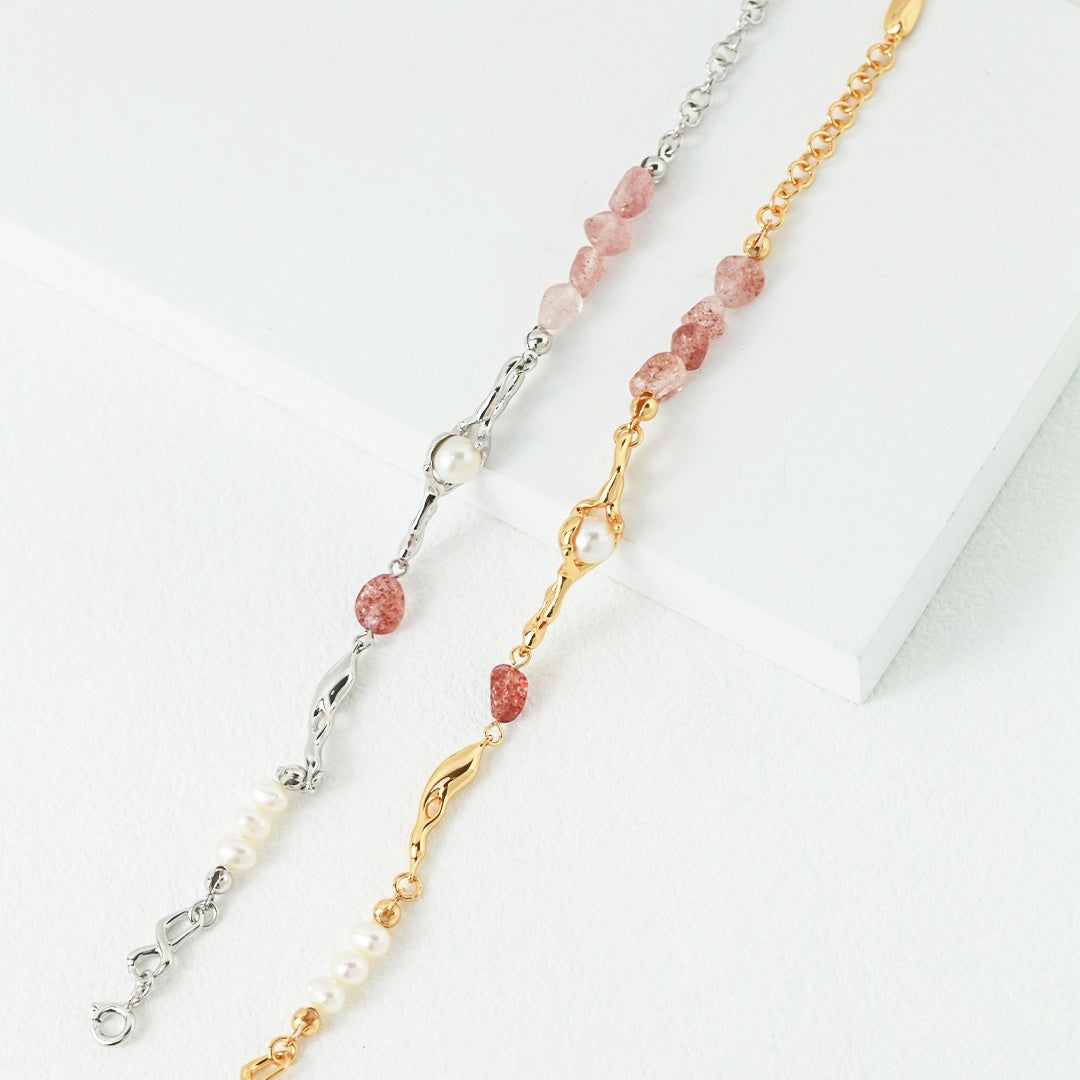 S925 Sterling Silver Strawberry Quartz & Pearl Bracelet