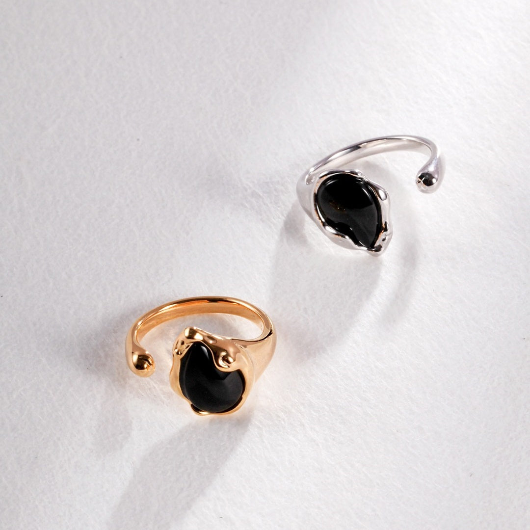 Natural Fluid Design S925 Sterling Silver Onyx Ring