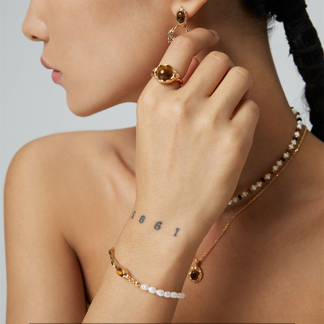 Sterling Silver Tiger Eye & Pearl Bracelet