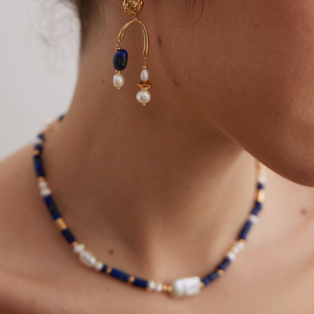 Elegant Sterling Silver Lapis Lazuli and Pearl Necklace