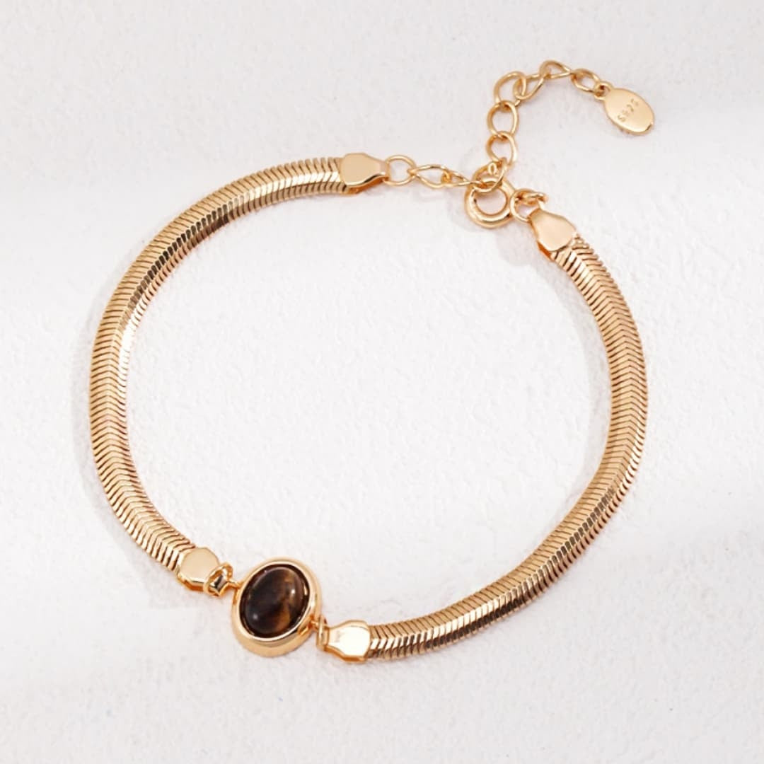 Natural Tiger's Eye Sterling Silver Bracelet – Elegant Herringbone Chain Design