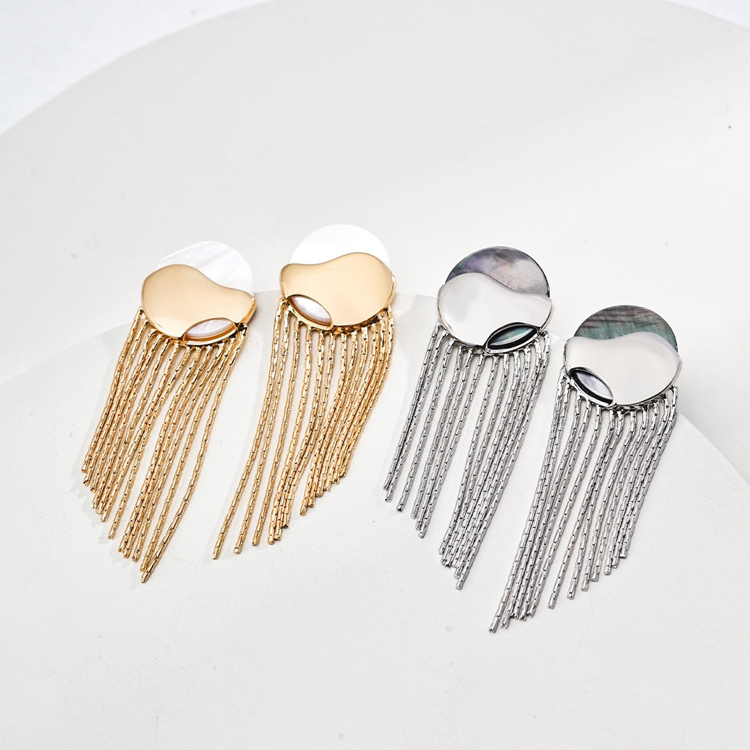 Elegant Mother of Pearl Tassel Earrings | 925 Sterling Silver Dangle Earrings | Minimalist Shell Drop Earrings for Women