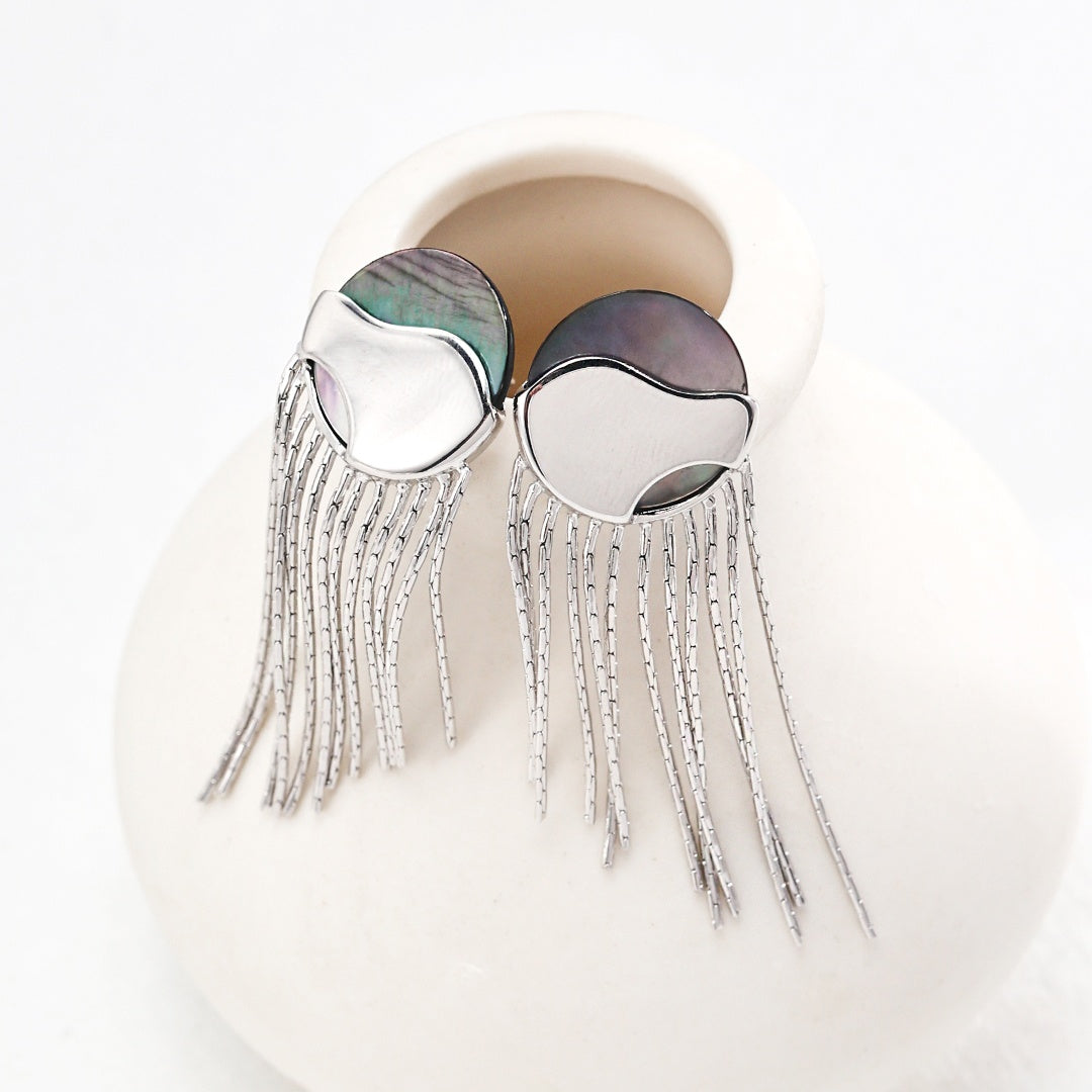 Elegant Mother of Pearl Tassel Earrings | 925 Sterling Silver Dangle Earrings | Minimalist Shell Drop Earrings for Women