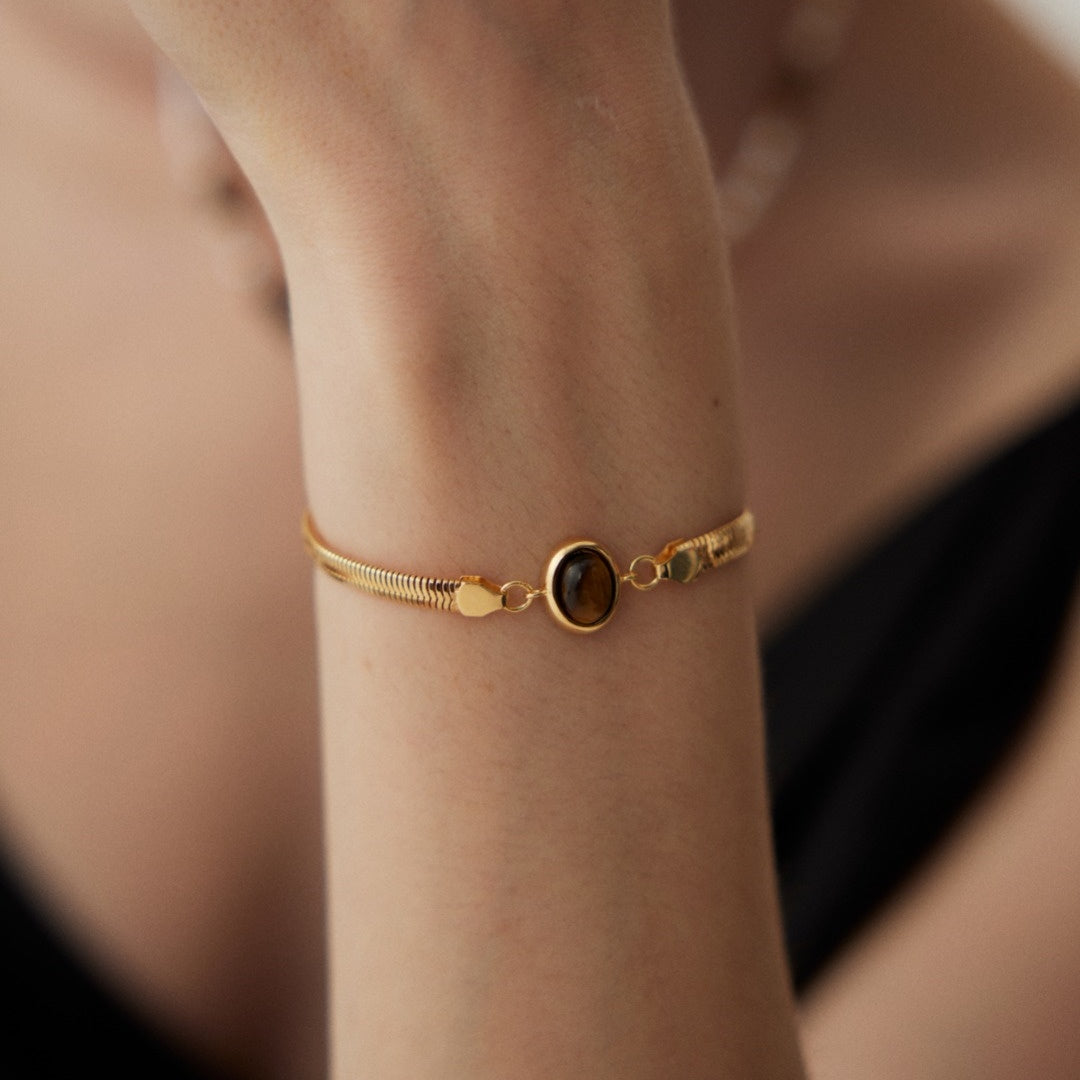Natural Tiger's Eye Sterling Silver Bracelet – Elegant Herringbone Chain Design