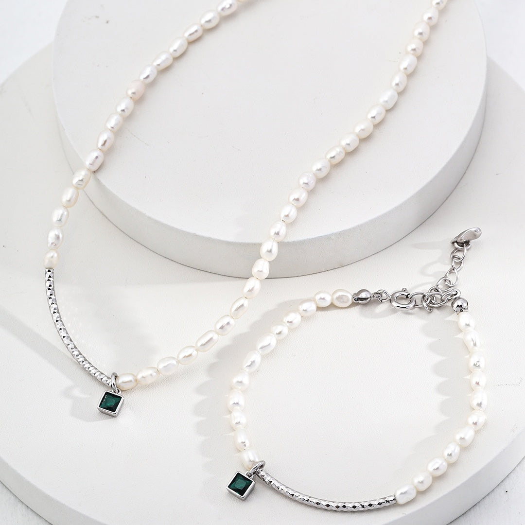 Sterling Silver Zircon Pearl Necklace