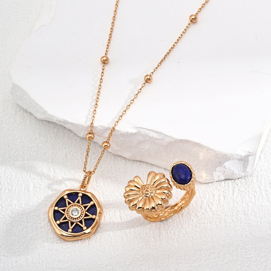 Vintage Sunflower & Lapis Lazuli Adjustable Ring | S925 Sterling Silver Gold-Plated Open Ring for Women