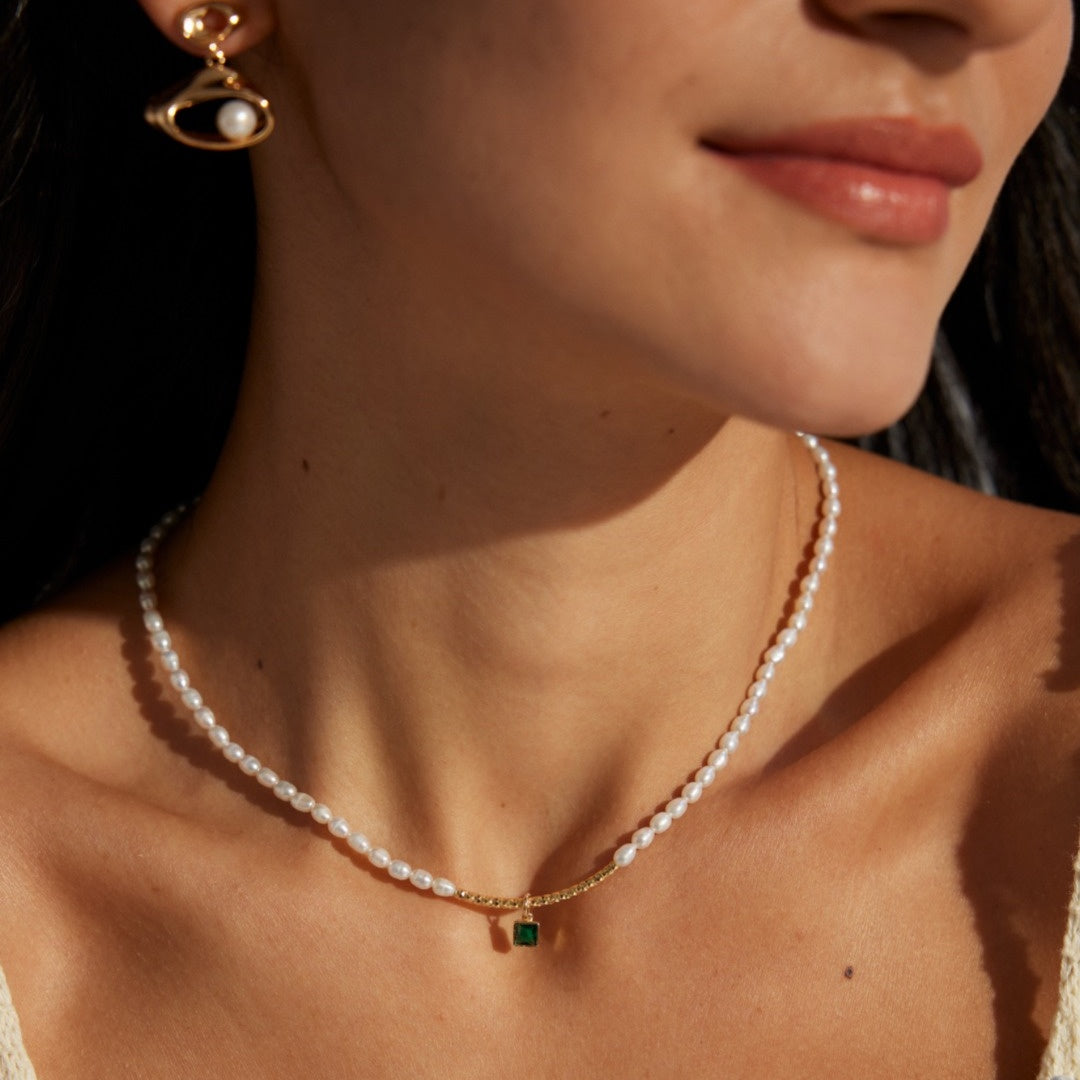 Sterling Silver Zircon Pearl Necklace