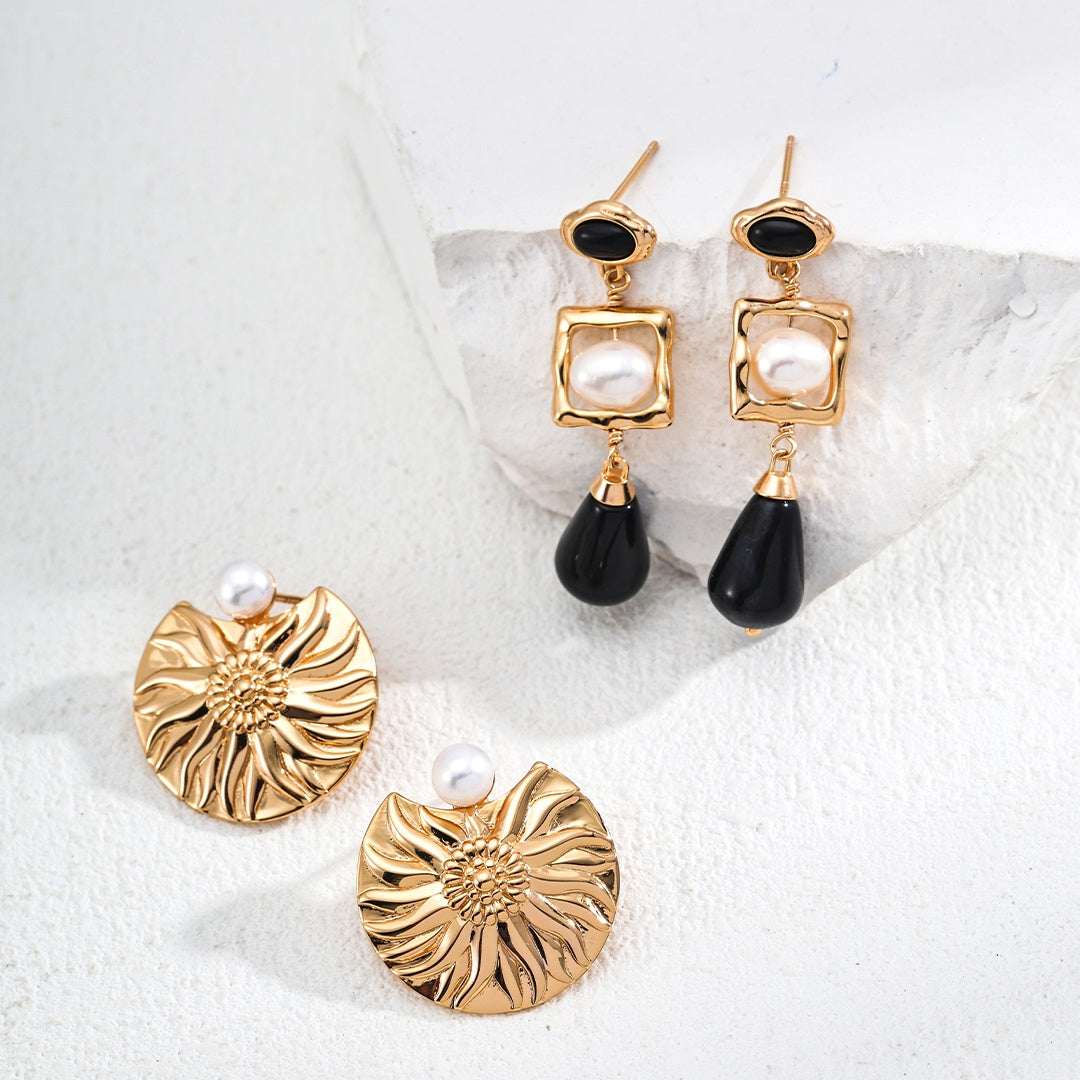 S925 Silver Natural Pearl Black Agate Earrings