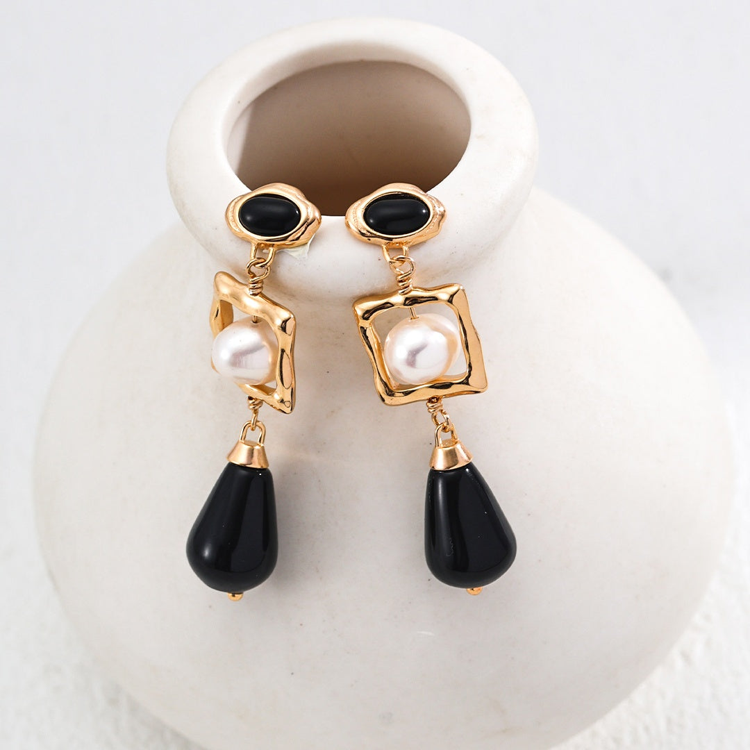 S925 Silver Natural Pearl Black Agate Earrings