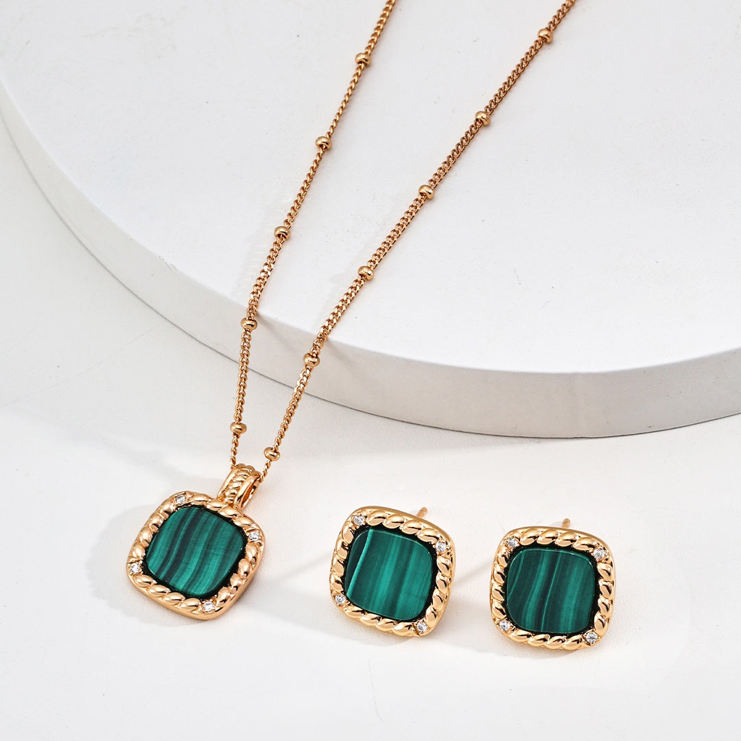 S925 Sterling Silver Zircon & Natural Malachite Necklace and Earring Set