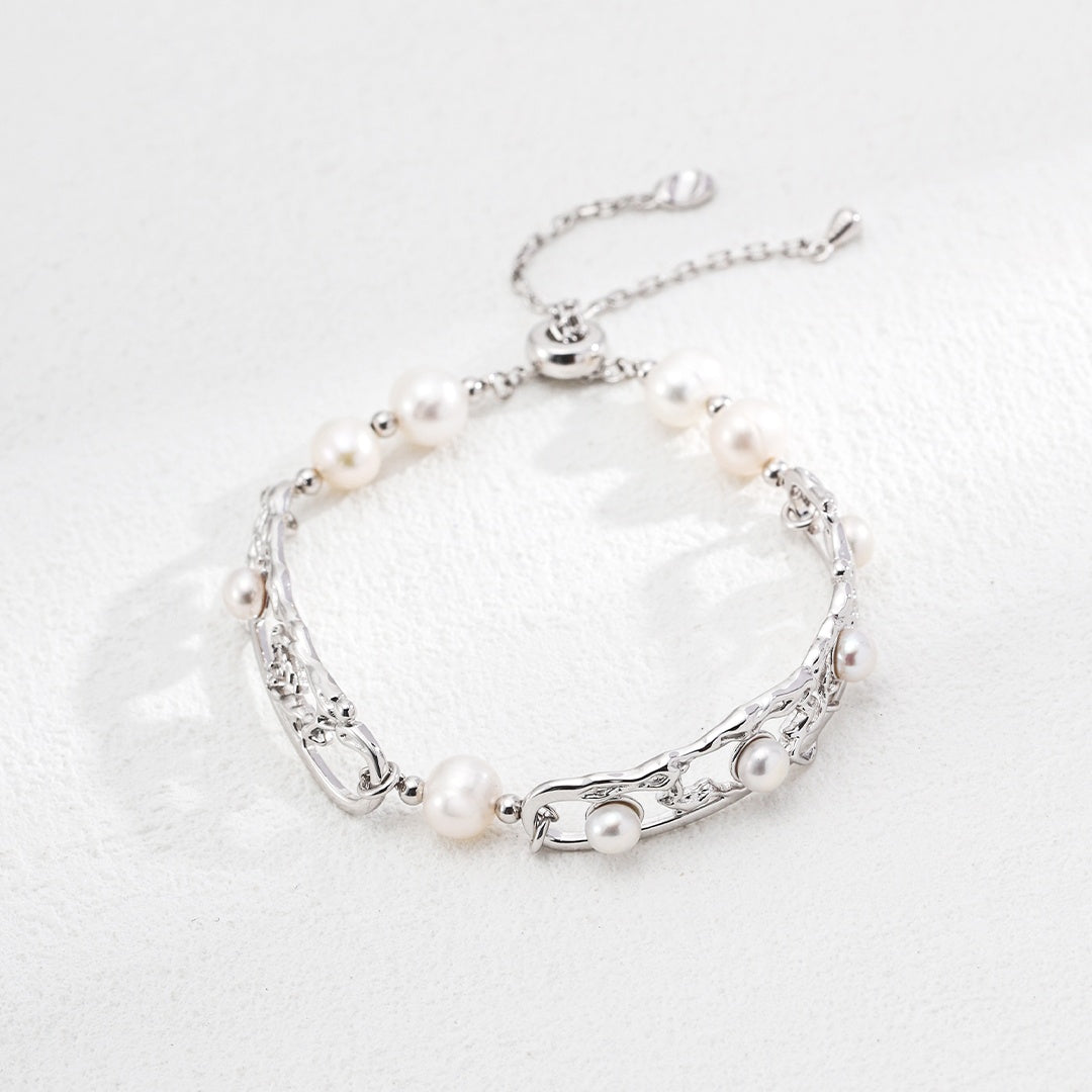 Vintage Chinese Style S925 Sterling Silver Pearl Bracelet – Window Lattice & Plum Blossom Design