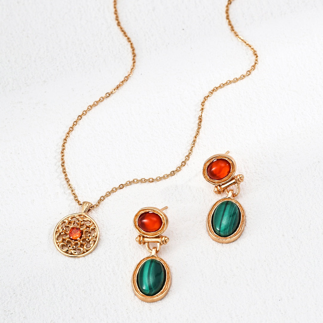 New Chinese Vintage Malachite & Red Agate Earrings