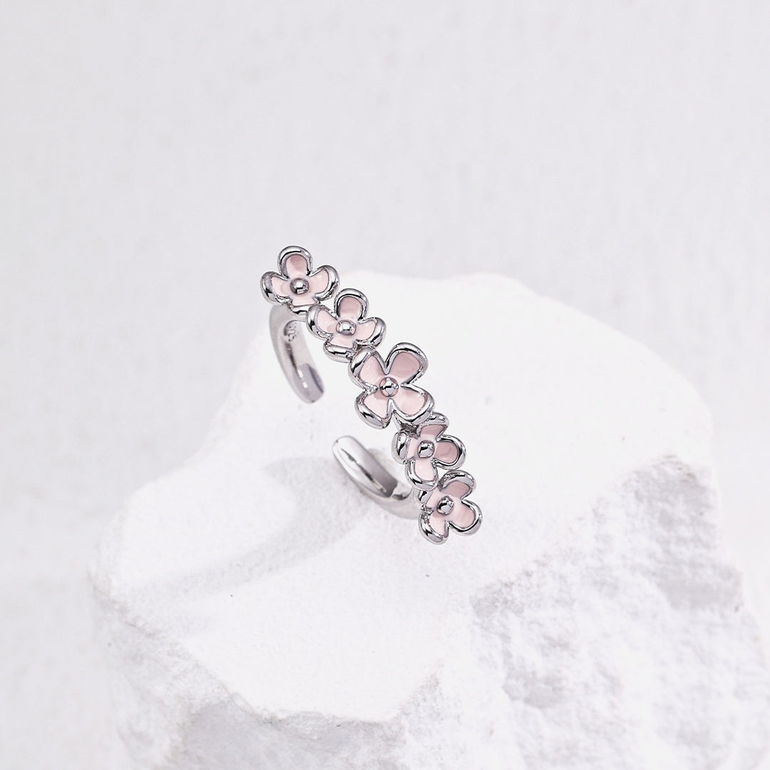 Blossom Enamel Flower Ring – Adjustable S925 Sterling Silver Floral Band