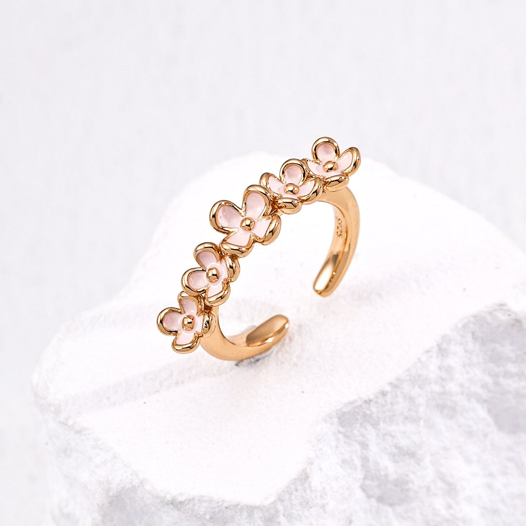 Blossom Enamel Flower Ring – Adjustable S925 Sterling Silver Floral Band