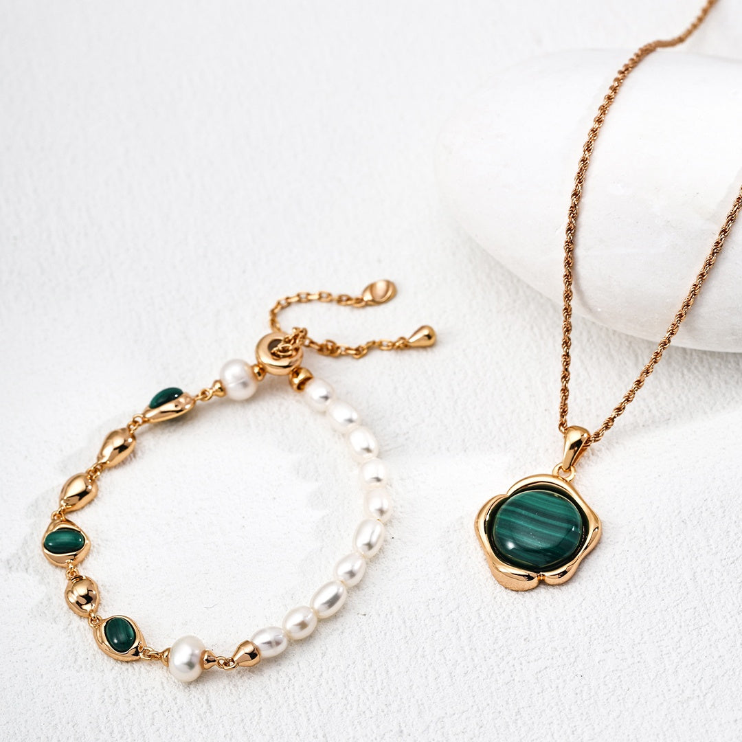 Elegant Malachite & Pearl Bracelet | 925 Sterling Silver Handmade Jewelry