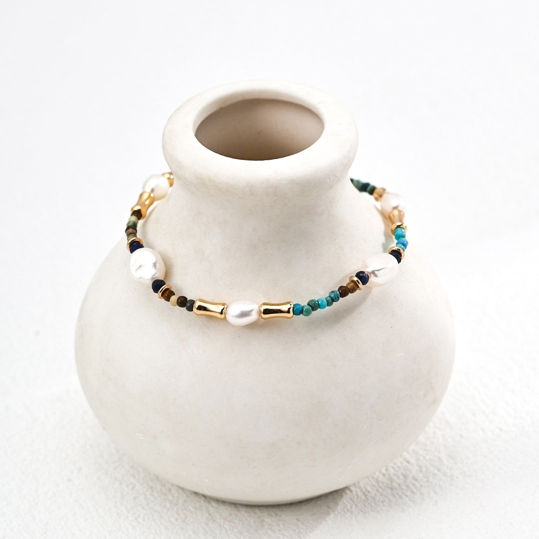 S925 Sterling Silver Pearl & Gemstone Jewelry Bracelet – with Lapis Lazuli, Turquoise & Pearls