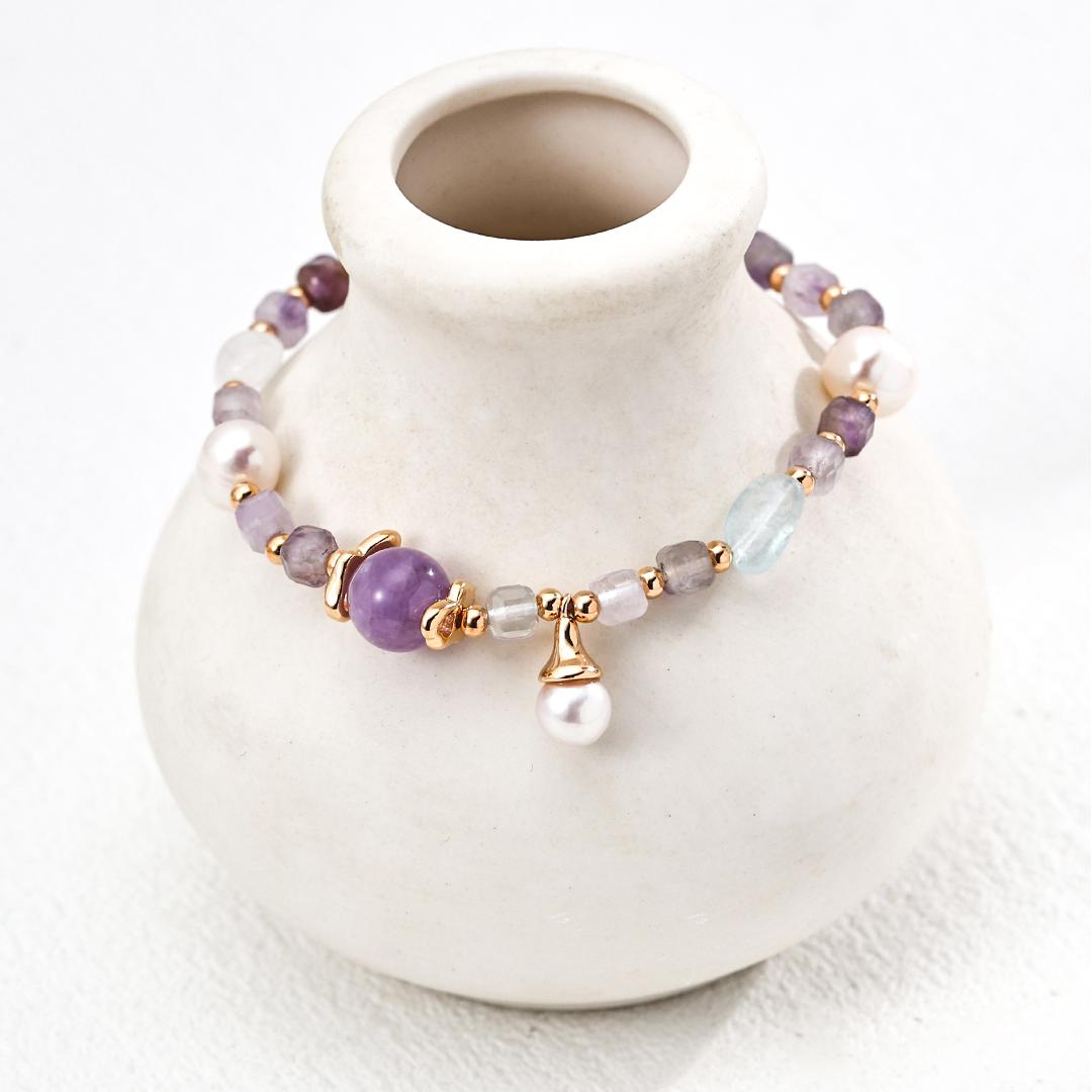 S925 Sterling Silver Amethyst Aquamarine & Natural Pearl Bracelet