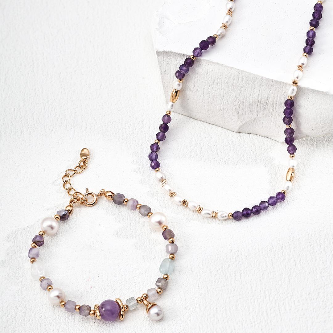 S925 Sterling Silver Amethyst Aquamarine & Natural Pearl Bracelet