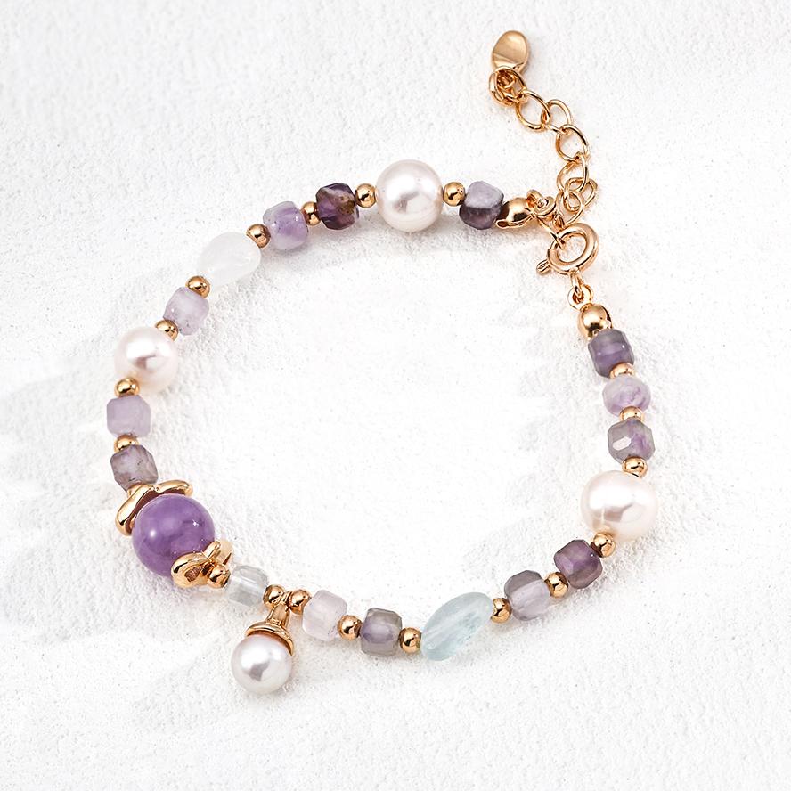 S925 Sterling Silver Amethyst Aquamarine & Natural Pearl Bracelet