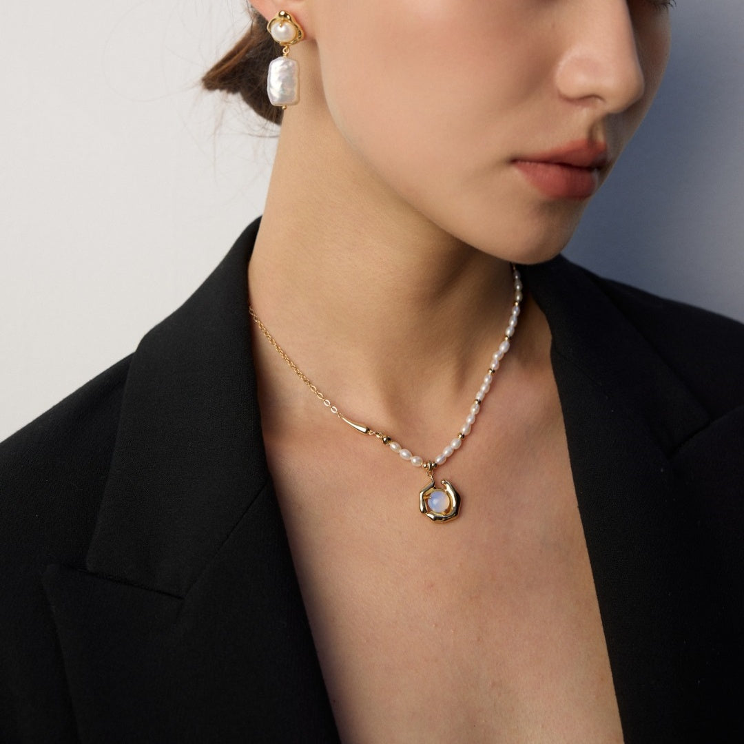 Iridescent Opal & Pearl Necklace – S925 Sterling Silver with Natural Pearl and Irregular Fluid Design