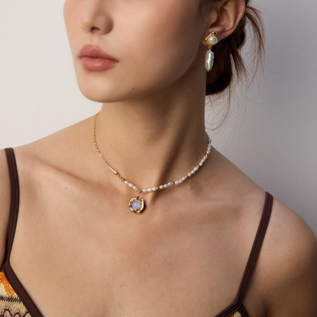 Iridescent Opal & Pearl Necklace – S925 Sterling Silver with Natural Pearl and Irregular Fluid Design