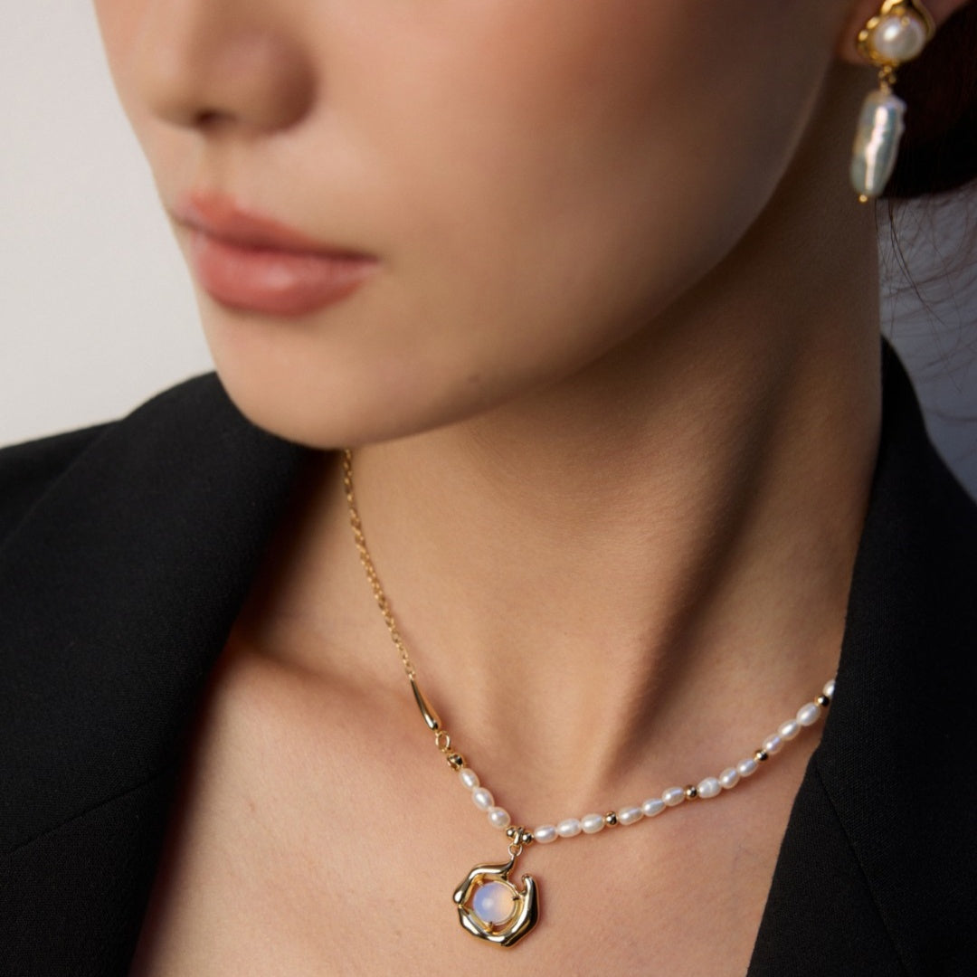 Iridescent Opal & Pearl Necklace – S925 Sterling Silver with Natural Pearl and Irregular Fluid Design