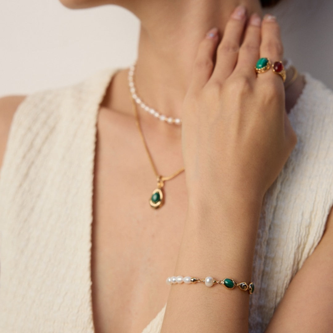 Elegant Malachite & Pearl Bracelet | 925 Sterling Silver Handmade Jewelry