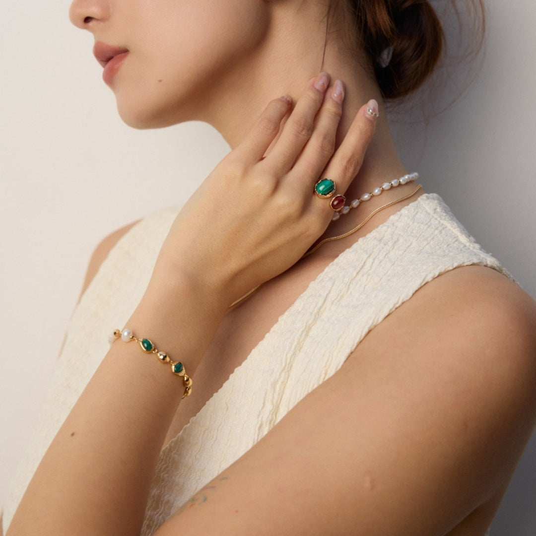 Elegant Malachite & Pearl Bracelet | 925 Sterling Silver Handmade Jewelry
