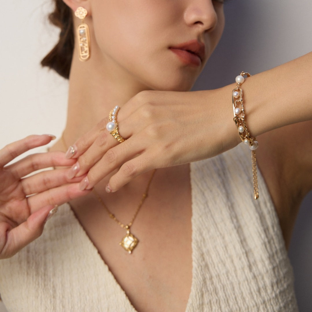 Vintage Chinese Style S925 Sterling Silver Pearl Bracelet – Window Lattice & Plum Blossom Design