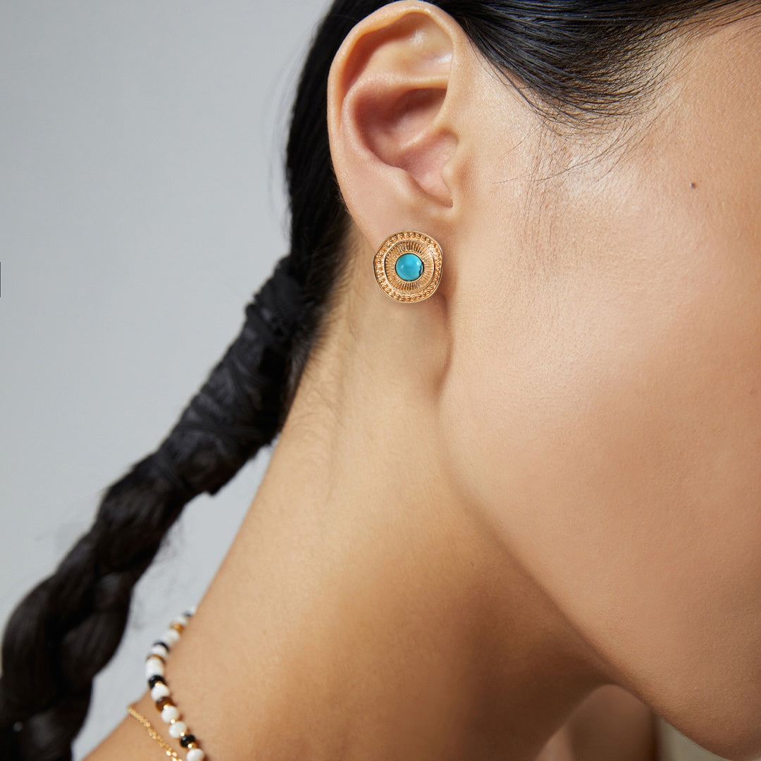 Vintage Turquoise Stud Earrings – S925 Sterling Silver Retro Jewelry