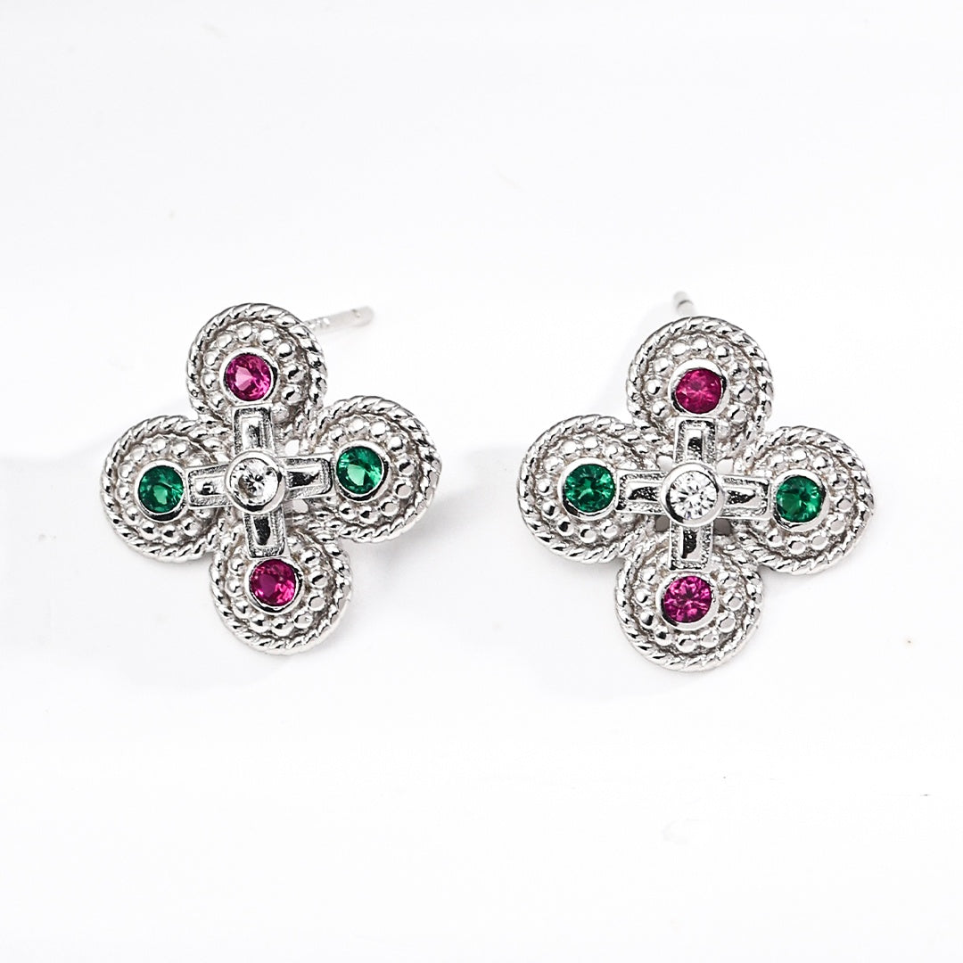 Vintage Glamour S925 Sterling Silver Zircon Earrings | Elegant Floral Studs in Gold & Platinum Tones