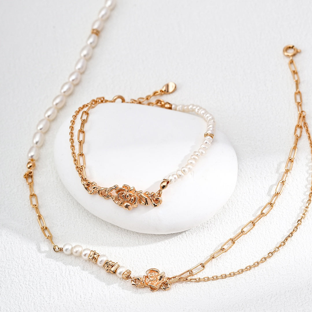 Vintage Rose & Pearl Jewelry Set | S925 Sterling Silver & Natural Pearls Necklace and Bracelet