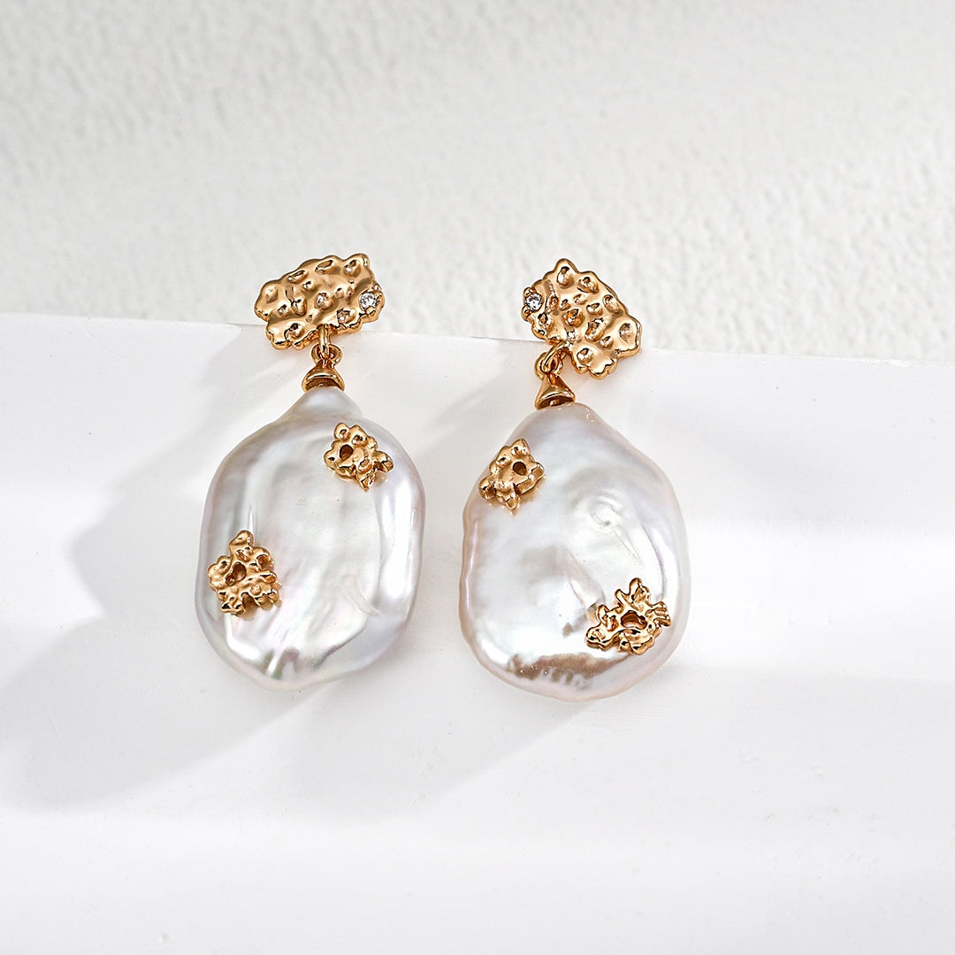 Baroque Pearl Drop Earrings | Vintage S925 Sterling Silver & Zircon Elegant Statement Jewelry